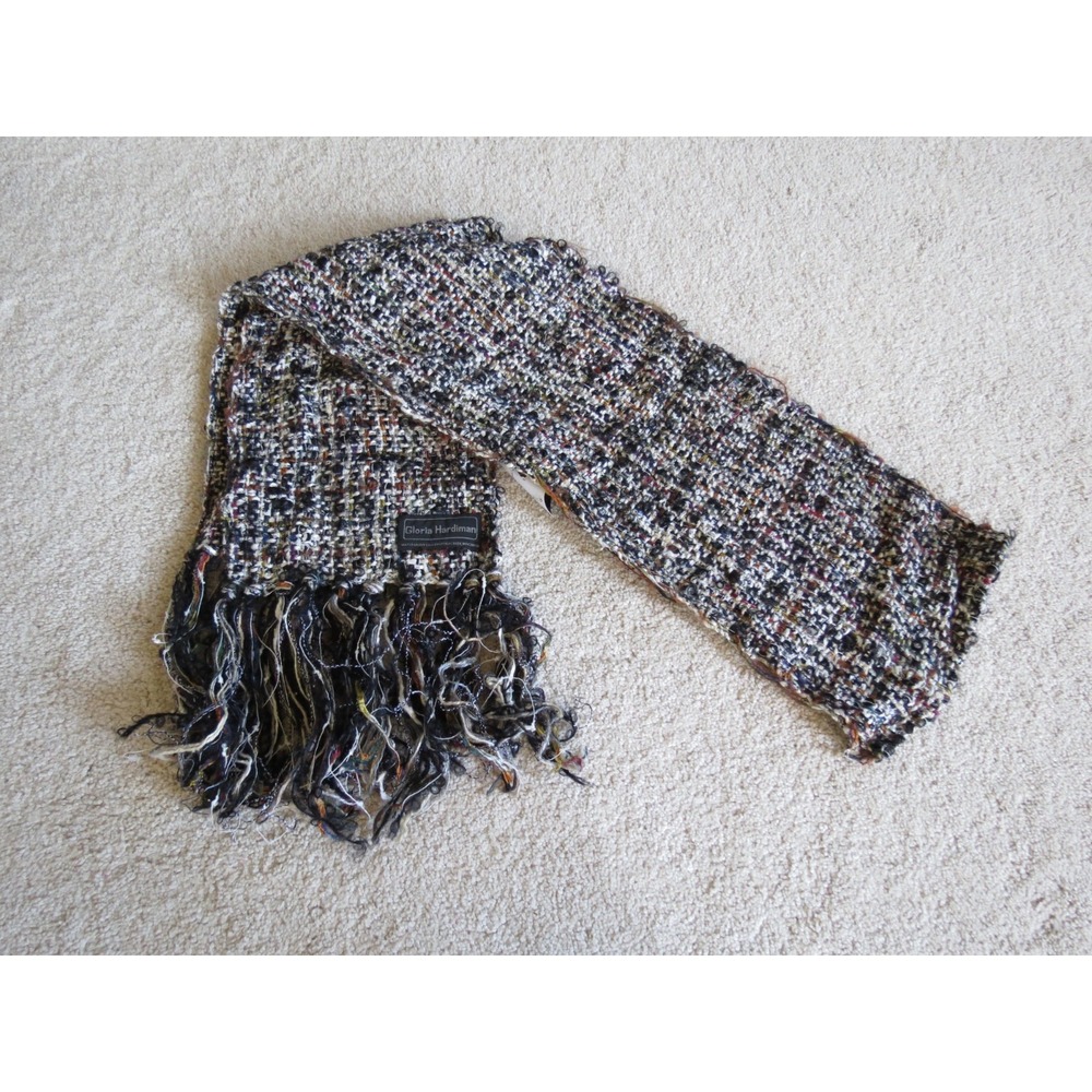 Gloria Hardiman Maple Grove Gallery Black White Handwoven Scarf Fringe NEW
